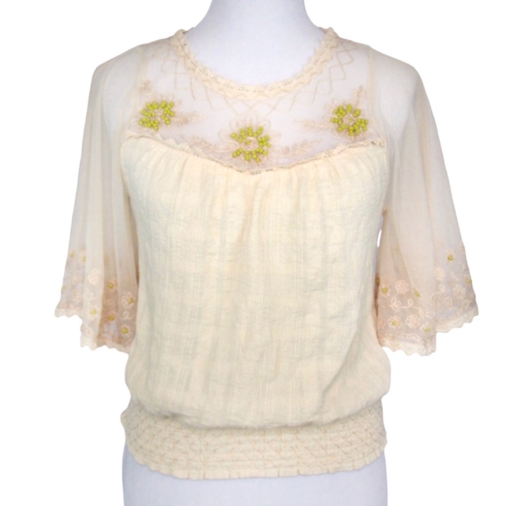 Free People Sheet Mesh Beaded Peasant Blouse Women’s Size XS